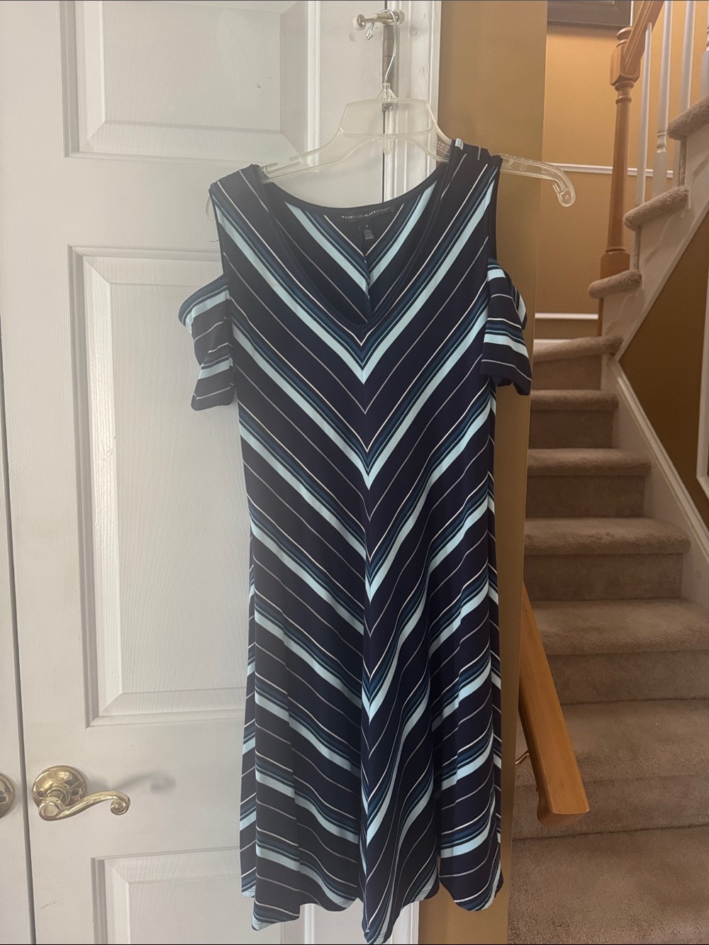 White House Black Market Navy and Light Blue Striped Cold-Shoulder Midi Dress